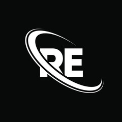 Fototapeta RE logo. R E design. White RE letter. RE/R E letter logo design. Initial letter RE linked circle uppercase monogram logo.  obraz