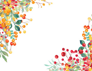 Red and yellow berries in corner floral arrangements, blank Christmas or autumn wedding or party invitations with colorful berry border design 