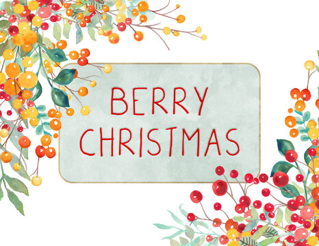 Merry Christmas background with watercolor red and yellow winter berries in floral holiday design, fun greeting with Christmas humor on sign
