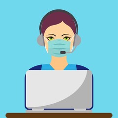 Young woman call center agent wearing a face mask