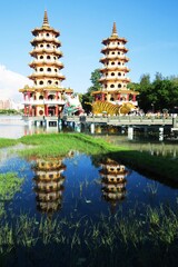 Kaohsiung famous tourist attraction, the tower in lotus pond and their reflections