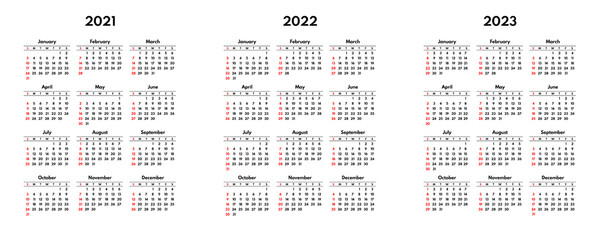 simple 2021 2022 2023 usa calendar grid, starts sunday