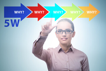 Five whys concept with businessman pressing virtual button