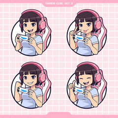 Set of gamer girl logo with cute expression