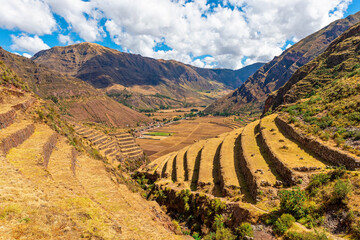 Fototapeta na wymiar Inca agriculture terraces of Pisac in summer, Andes mountains, Cusco province, Peru.