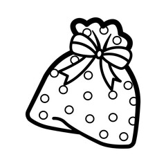 Cute cartoon Christmas gift, icon, emoji element on white background. Doodle black line decoration for logo, coloring, card and any design. Vector illustration about holiday.