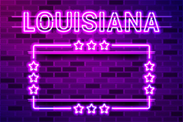 Louisiana US State glowing purple neon lettering and a rectangular frame with stars