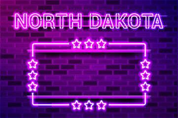 North Dakota US State glowing purple neon lettering and a rectangular frame with stars