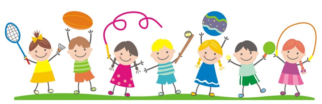 group of children, sports equipment, vector illustration
