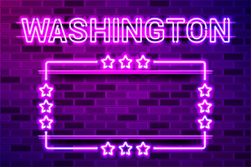 Washington US State glowing purple neon lettering and a rectangular frame with stars