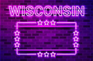 Wisconsin US State glowing purple neon lettering and a rectangular frame with stars