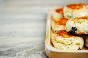 Close up of Scone raisin homemade on wooden table backgrounds