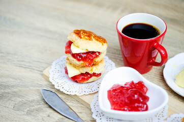 Close up of Tasty Scone homemade for coffee break on wooden table backgrounds