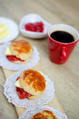 Scone dessert and cup of coffee for food and drinks backgrounds