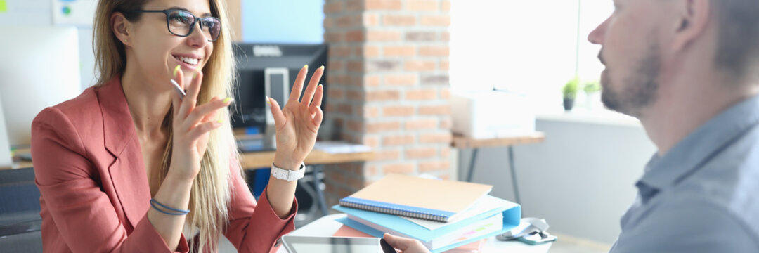 Two Adult Business People Make Work Interview Against Office Background.One On One Meeting Concept.