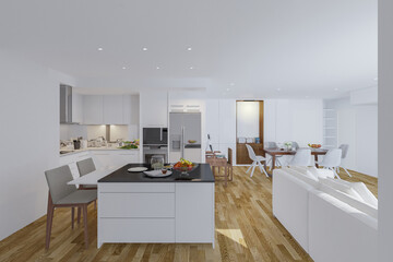 3D interior room design contemporary of condominium or apartment. 3D illustration and rendering.