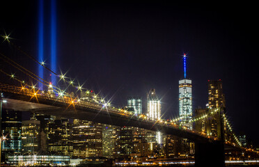 The twin lights from the world trade center from Brooklyn Bridge Park, illuminated each September 11.	
