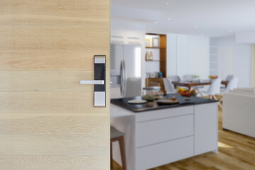 Electronics, digital door handle on Wood door half open  in front of blur dining interior background. Selective focus.