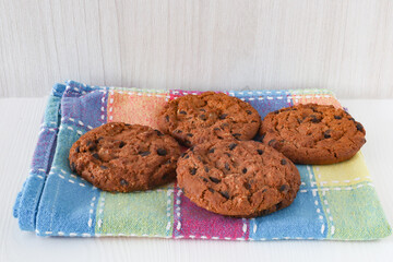 Chocolate chip cookies on a checkered napkin. Homemade cookies