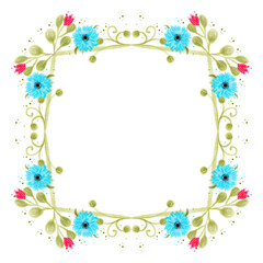 Wreath with colorful elegant blue flowers and red tulips