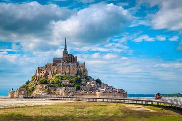 Popular Mont Saint Michel tidal island view in Normandy, France