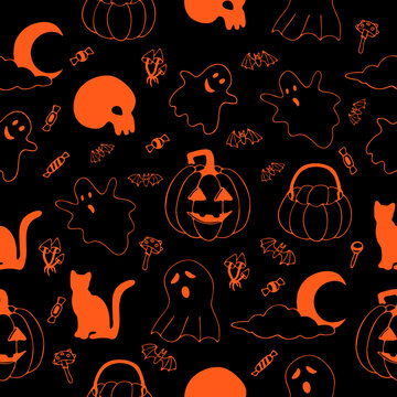 .Hand drawn halloween vector doodle pattern in orange color with illustrations of cats, ghosts, moon, pumpkin baskets, halloween pumpkins, mushrooms, skull, bats, candy on black background.