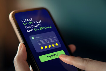 Customer Experiences Concept. Woman Using Mobile Phone to Giving Feedback via the Internet....