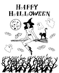 .Hand-drawn vector doodle set in black with illustrations of a witch on a broomstick, ghosts, cat, bats, moon, tree branches, inscription Happy Halloween on a white background.