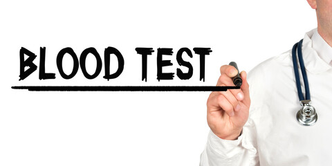 Doctor writes the word - BLOOD TEST. Image of a hand holding a marker isolated on a white background.