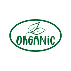 Organic logo green leaf label  for veggie or vegetarian food package design. Isolated green leaf icon for vegetarian bio nutrition and healthy diet or vegan restaurant menu symbol.