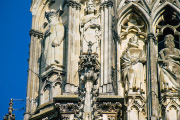 View of the exterior facade of the Roman Catholic Notre Dame de Reims Cathedral, a historical...