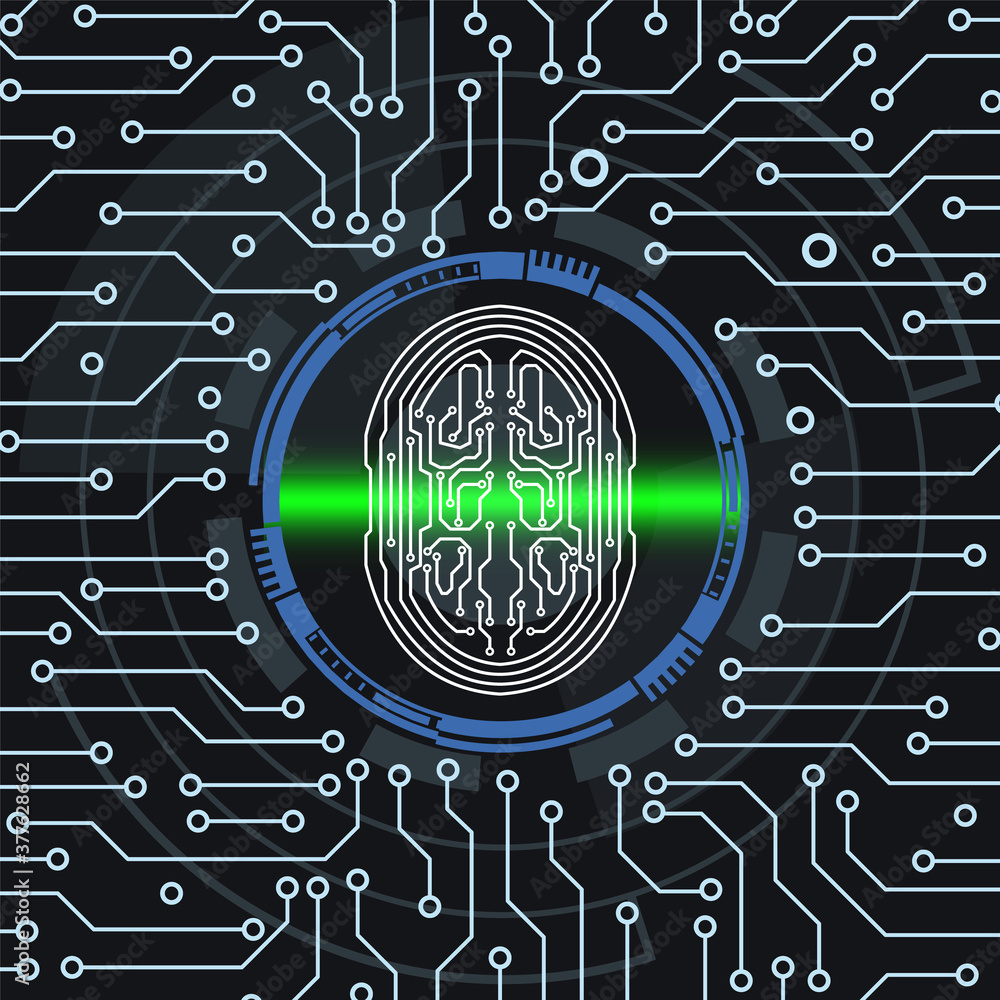 Poster Cyber Security Fingerprint Scanning Technology Infographic Background. Circuit Board Protection Futuristic Element Vector.
