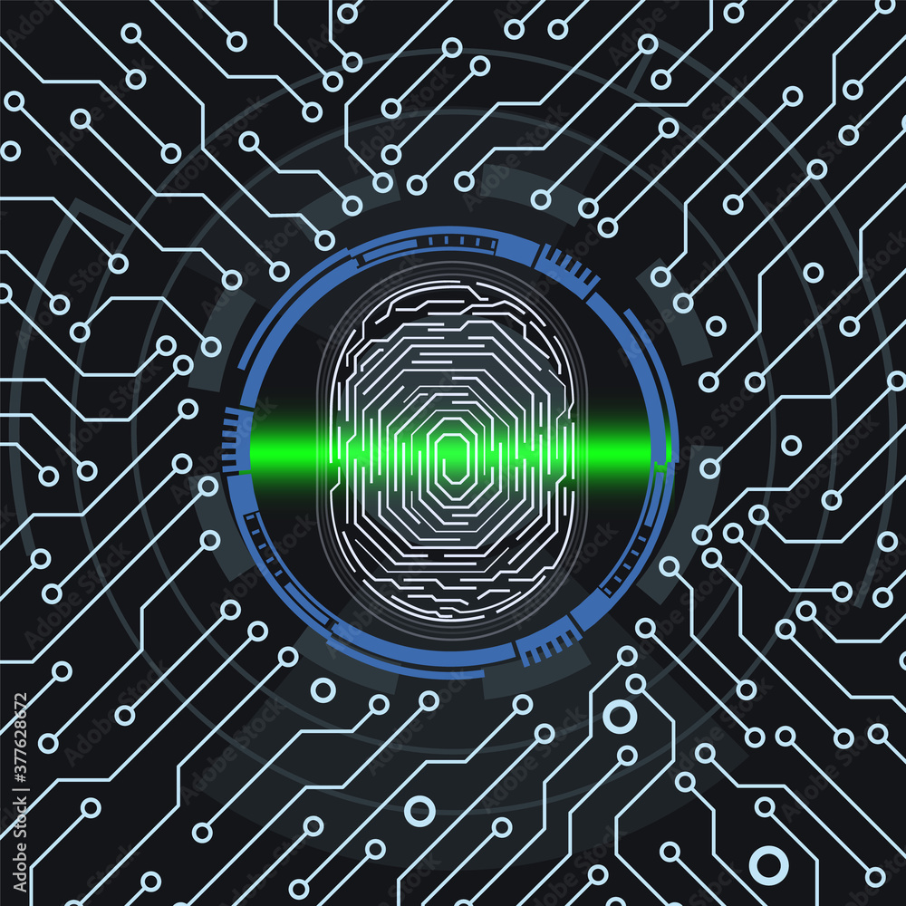 Poster Cyber Security Fingerprint Scanning Technology Infographic Background. Circuit Board Protection Futuristic Element Vector.