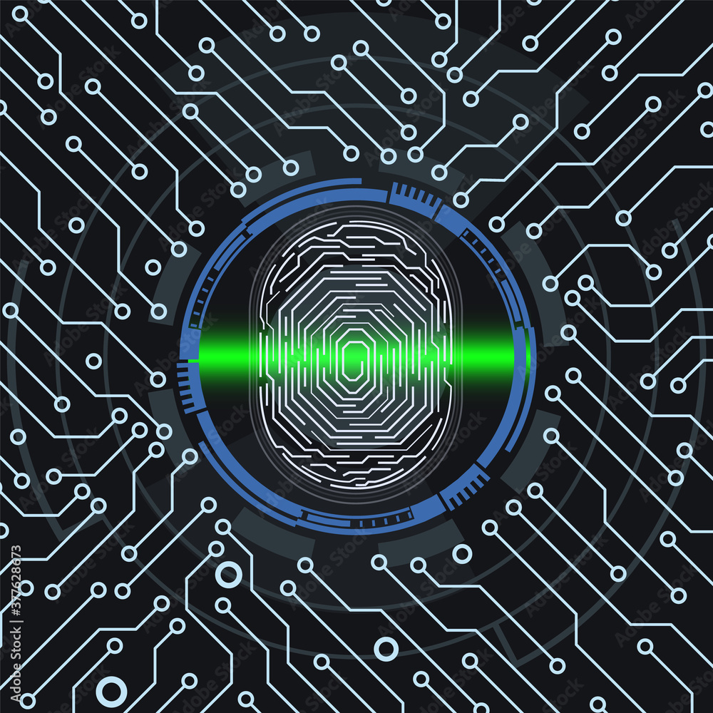 Poster Cyber Security Fingerprint Scanning Technology Infographic Background. Circuit Board Protection Futuristic Element Vector.