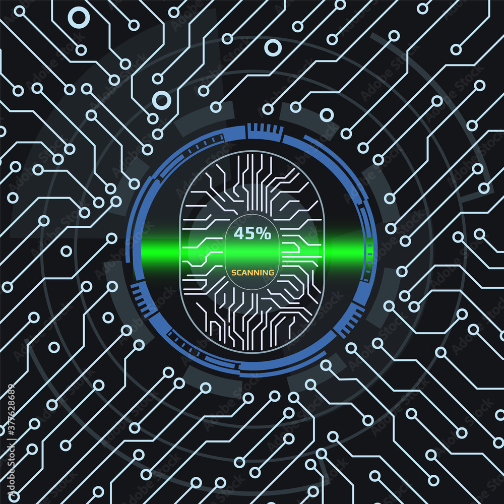 Poster Cyber Security Fingerprint Scanning Technology Infographic Background. Circuit Board Protection Futuristic Element Vector.