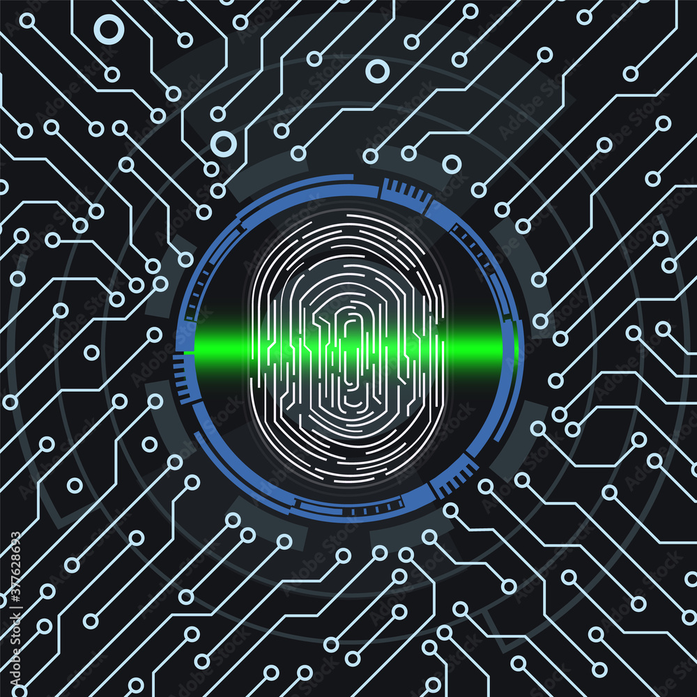Poster Cyber Security Fingerprint Scanning Technology Infographic Background. Circuit Board Protection Futuristic Element Vector.