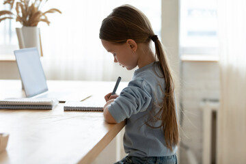 Side view focused small adorable caucasian girl sitting at desk with correct posture straight back,...