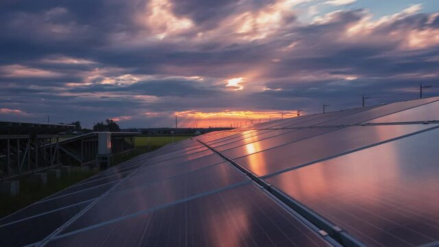 Time-lapse 4K large industrial Solar Energy Farm producing concentrated solar power day to night.Green energy concept.