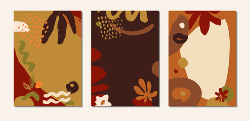 Organic collage hand drawn earthy terracotta colors abstract botanical covers, cards, artistic social media templates. Creative universal natural herbal healthy backdrops. EPS 10 vector illustration