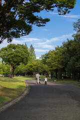 公園を自転車とベビーカーで散歩する日本人の親子