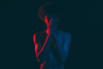 Black lives matter. Ethnic problems. Disappointed african male with shirtless torso closing mouth...