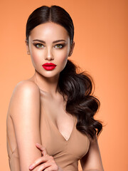 Beautiful white girl with a red lipstick on lips. Stunning brunette girl with long hair tail. ...