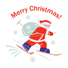 Santa Claus is skiing with a bag of gifts. Inscription Merry Christmas! Vector illustration. Flat style.