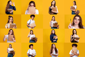 Obraz na płótnie Canvas Portrait collage. Higher education. Group of smart ambitious diverse multiethnic people with books isolated on orange background. Knowledge self-development. Student lifestyle.
