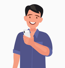 Happy man is holding a smartphone. Person and gadget. Communication in the network.