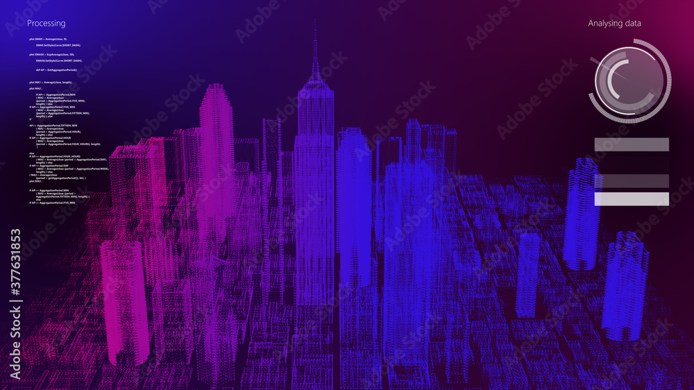 Wall mural smart world technology digital smart city 3d architecture building hologram with monitor screen user