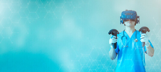 Scientist doctor wear VR goggle motion graphic, AR technology health care research. Future digital technology futuristic background.
