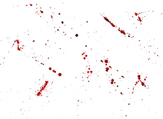 imitation bloody drops - hand drawn raster illustration in red ink isolated on white. Chaotic red splashes and drops