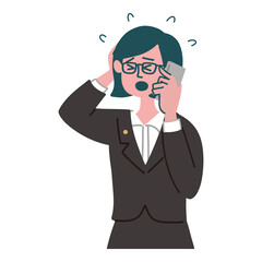 スーツ　女性　メガネ　士業　携帯電話　スマホ　焦っている
