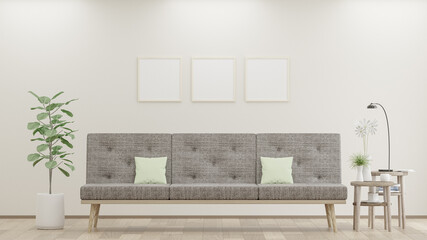 Square poster mockup with Three  frames on empty white wall in living room interior, Living room, 3D Rendering